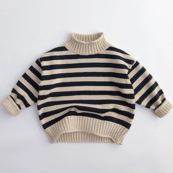 Детский осенний вязаный свитер с утолщением, Кудрявая Водолазка, Детский Классический пуловер в полоску Для мальчиков и девочек, Зимняя Повседневная одежда для малышей