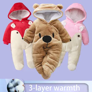Одежда для маленьких девочек, комбинезон с мультяшным медведем, одежда для новорожденных мальчиков, утепленный детский комбинезон, милая зимняя одежда для новорожденных