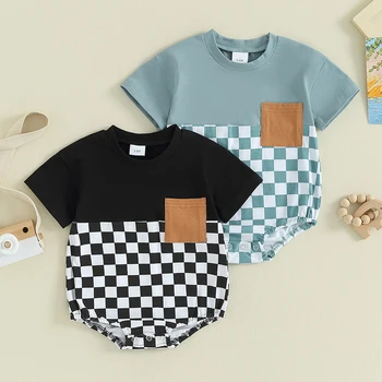 Летние комбинезоны для новорожденных мальчиков с коротким рукавом и карманом в шахматном порядке, комбинезоны для новорожденных, Модная детская одежда