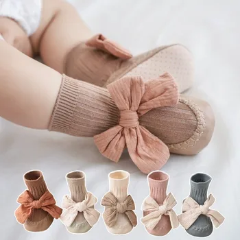 Осенне-зимние Носки для маленьких девочек, Носки для новорожденных с бантиком, Носки для младенцев, нескользящие Мягкие хлопчатобумажные носки для пола