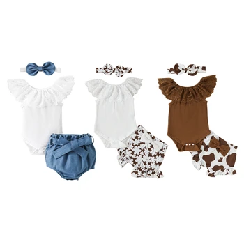 Комплект летнего комбинезона для новорожденных девочек, кружевной комбинезон без рукавов в рубчик и повседневные шорты с оборками на голове.