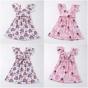 Эксклюзивная одежда Girlymax на День независимости, 4 июля, бутик одежды для маленьких девочек, платье со звездами из молочного шелка с оборками