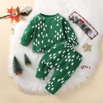 2ШТ Рождественский детский осенне-зимний однотонный пуловер с круглым вырезом и длинным рукавом для всего тела с произвольным принтом + брюки костюм