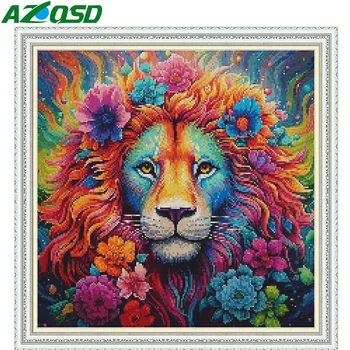 AZQSD Наборы для вышивания крестиком с изображением Льва и животных, Искусство и поделки иглами, Набор для вышивания животных, Белый холст 30x30 см