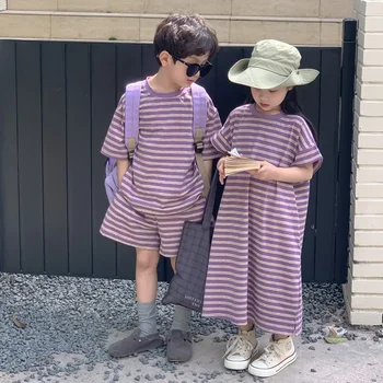 Детская одежда 2024, летний полосатый костюм для мальчика, футболка # ИМЯ? Или фиолетовое платье для девочки, одежда для брата и сестры