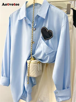 Aotvotee Синяя блузка Женская 2023 Осенне-зимняя мода, Свободные рубашки с длинным рукавом и отложным воротником, шикарные офисные женские топы на пуговицах