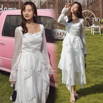 НОВОЕ женское Белое платье Макси Весна Лето 2022 с длинным рукавом и оборками Винтажные Элегантные вечерние платья для отдыха в Корейском стиле