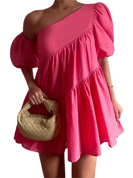 Женское мини-платье трапециевидной формы с открытыми плечами и цветочным принтом, с рукавами-рюшами, Летнее повседневное короткое платье