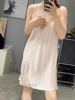 Женское платье-слинг с вышивкой, 100% шелк, однотонная сексуальная пижама без рукавов с V-образным вырезом, мини-халаты на бретельках