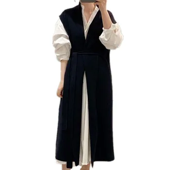 Весна 2023, женский длинный вязаный жилет в стиле ретро + свободное платье-рубашка с пышными рукавами и поясом