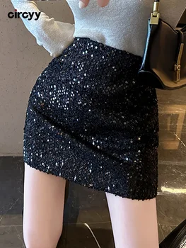 Женские мини-юбки Circyy, черные, с блестками, повседневные, базовые, удобные юбки Y2k, Корейские модные юбки трапециевидной формы с высокой талией