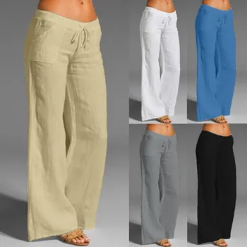 Хлопковые льняные широкие брюки для женщин, высокая талия, однотонный шнурок, Свободные женские брюки 2024, Летние повседневные брюки Pantalones