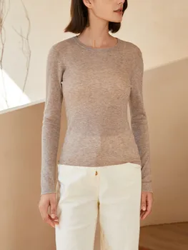 Женский свитер с высокой эластичностью, однотонные смеси шерсти, элегантный женский весенний джемпер с круглым вырезом и длинным рукавом 2024 года выпуска