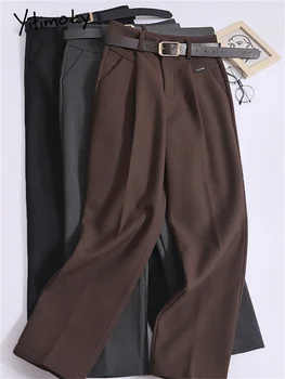 Женские шерстяные брюки Yitimoky с высокой талией, осень-зима 2023, новые Корейские модные повседневные прямые брюки, офисные женские костюмы, брюки