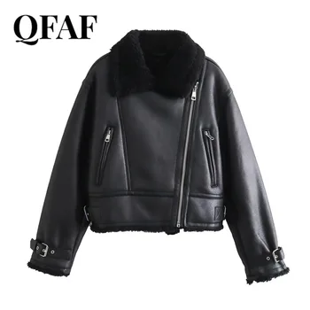 QFAF, женская зимняя одежда, сохраняющая тепло, Толстая уличная одежда, искусственная кожа, Внутренний флис, отложной воротник для мотобайкеров, ширинки на молнии