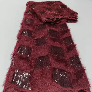 Бордовая африканская швейцарская ткань 2023, высококачественное кружево, бахрома из 3D перьев, блестки, новейшее вечернее платье из нигерийского кружева YYZ286