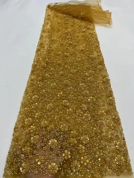 Французская кружевная ткань ручной работы из бисера 2023, Роскошное Золотое кружево, вышивка блестками, Тюлевая ткань для пошива женского платья, кружево для свадебного платья