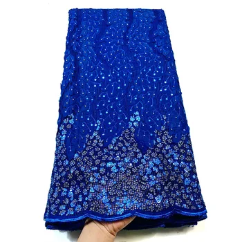 Новейшая синяя кружевная ткань из французского тюля с блестками Emroiderey Африканская сетчатая кружевная ткань с высококачественными блестками Кружева для свадьбы 04