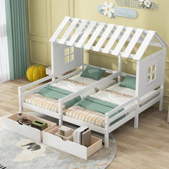 Домашние кровати-платформы Twin Size с Двумя выдвижными ящиками, Кровати Бок о Бок, двуспальные кровати для взрослых и подростков, детские кровати