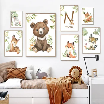 Лесные животные, Лиса, медведь, Кролик, Белка, Имя ребенка, Художественная роспись на холсте, плакаты, принты, настенные панно для декора детской комнаты