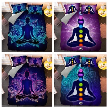 Красочные наборы пододеяльников для пуховых одеял, чехлы для одеял из мягкой ткани King Queen, Одноразмерный Комплект постельного белья Yoga Seven Chakras Buddha