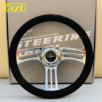 Классическое винтажное Замшевое рулевое колесо JDM с 14-дюймовыми хромированными спицами, Спортивное рулевое колесо для тюнинга