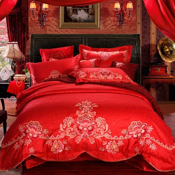 Роскошный свадебный комплект постельного белья в китайском стиле из пятнистого жаккарда Double King Queen Size Красного цвета, Постельное белье, пододеяльник, Комплект простыней