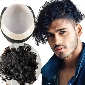 Мужской Блок Вьющихся Волос 100% Human Hair 20mm Curly Mens Hair System для Мужчин Fine Mono с 1 