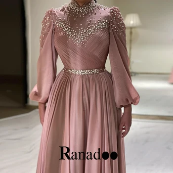 Платья знаменитостей с жемчужным поясом Ranadoo, мусульманские платья для выпускного вечера с пышными рукавами для женщин 2024, шифон трапециевидной формы с высоким воротом, Персонализированный