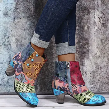 Винтажные Женские ботинки Martin из кожи в богемном стиле, большие размеры, Женские ботфорты с этническим принтом, Женские зимние ботинки на открытом воздухе