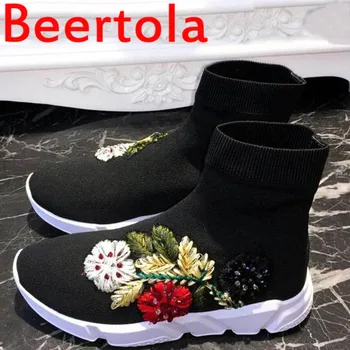 Брендовые дизайнерские носки Beertola, обувь на плоской подошве с цветочной вышивкой, модные стрейчевые повседневные женские ботинки-тренажеры для ходьбы, черные