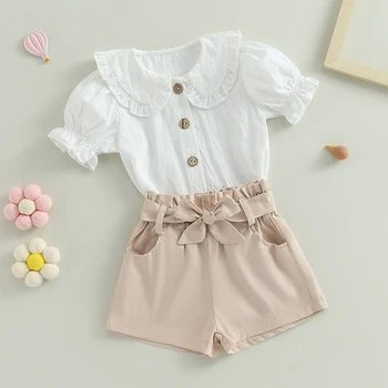 Летняя одежда для маленьких девочек, белая рубашка с пышными рукавами и кукольным воротником + шорты с поясом, комплекты из двух предметов для маленьких девочек, пляжные комплекты
