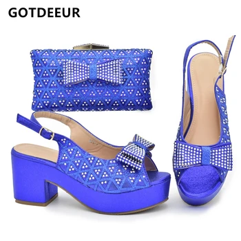 Новые модные синие комплекты обуви и сумок, украшенные стразами, женская обувь на танкетке, итальянская обувь и сумки в тон комплекту