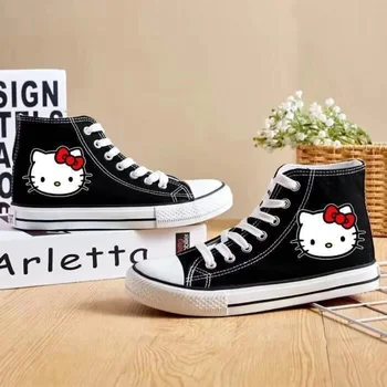 Парусиновая обувь для девочек с низким берцем Hello Kitty, подростковая черная студенческая обувь для путешествий, кроссовки с высоким берцем на шнуровке, весенне-осенние туфли в стиле лолиты