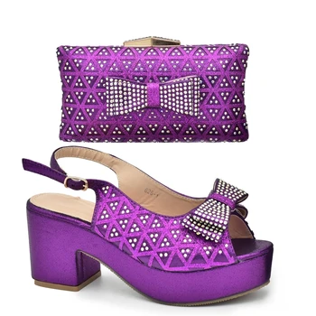Африканский женский Свадебный комплект из Туфель и сумки, Украшенный стразами, Фиолетовые Комплекты из Туфель и сумок, Женские вечерние туфли-лодочки на танкетке