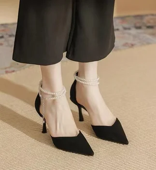 Женские летние туфли cheongsam на высоком каблуке, черные тонкие женские туфли на тонких каблуках-трапециевидках