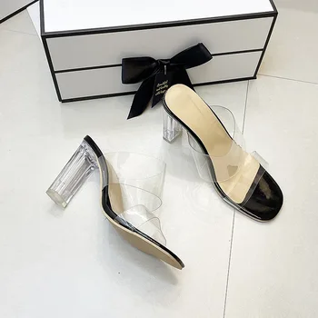 Летняя Женская обувь на высоком каблуке, Модные прозрачные каблуки, Сексуальные полые Дышащие тапочки с квадратным носком, женские прозрачные каблуки-слайды