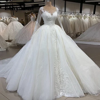 Современное свадебное платье Ethymon с круглым вырезом для невесты, кружевные аппликации, бальное платье с блестящим шлейфом и длинным рукавом, свадебное платье на заказ