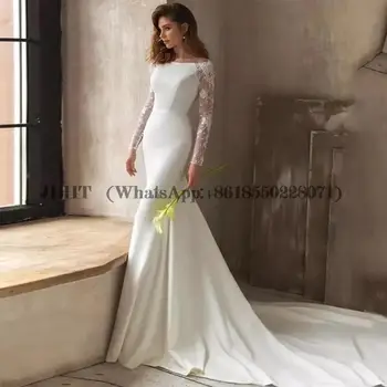 Свадебное платье из мягкого Атласа с длинным кружевным рукавом 