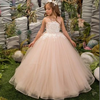 Платье девушки цветка розовый пушистый белый тюль кружева свадебное элегантный цветок ребенка первого евхаристического день рождения платье девочка подарок