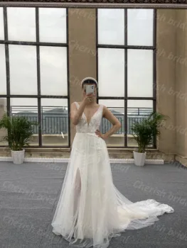 Кружевное свадебное платье русалки C3010M на бретелях с V-образным вырезом для невесты, классическое платье невесты-русалки с V-образным вырезом сзади для женщин