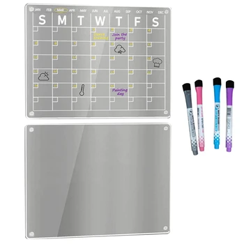 2 ШТ Прозрачная акриловая доска для календаря сухого стирания для холодильника, 16X12 дюймов Для холодильника С 4 маркерами