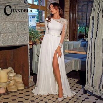 Шифоновое свадебное платье CHANDELA с круглым вырезом и длинным рукавом, простые аппликации на поясе, разрез по бокам, складка А-силуэта, индивидуальное праздничное платье
