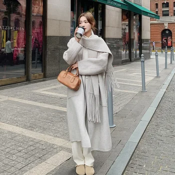 Осень-зима 2023, новое модное женское шерстяное пальто с шарфовым воротником в корейском стиле.