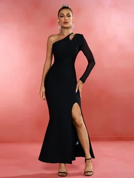 Длинное бандажное платье, женское вечернее платье для вечеринки, облегающее элегантное черное платье с длинным рукавом, сексуальное платье на одно плечо, вечерние наряды для дня рождения, клубные наряды
