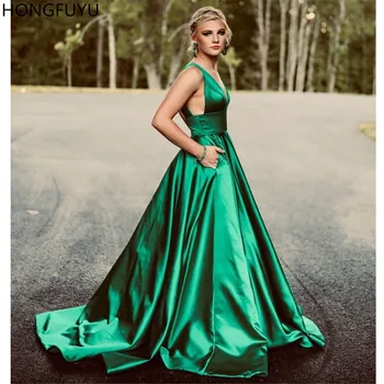 Красивые вечерние платья из зеленого атласа HONGFUYU с карманами, V-образный вырез трапециевидной формы, праздничное платье для выпускного вечера для женщин