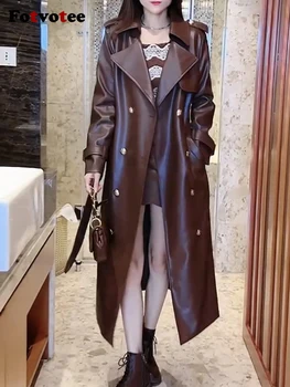 Куртки Fotvotee для женщин, Корейская мода, пальто из искусственного Пу с отложным воротником, Винтажная уличная одежда, Женская одежда, повседневная элегантная верхняя одежда