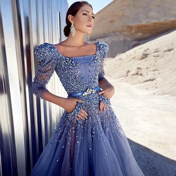 Serene Hill Blue Элегантное Синее вечернее платье 2023 года Класса Люкс Дубай Мусульманское Длинное Арабское Короткое Свадебное торжество LA71631