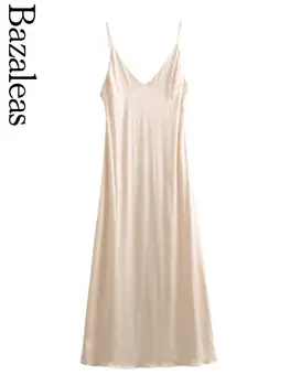 Магазин Bazaleas 2023 Элегантное бежевое атласное платье, сексуальное вечернее платье миди с открытой спиной, официальные вечерние платья на бретельках