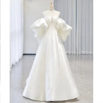 Классическое атласное свадебное платье с открытыми плечами Простая Трувюрка на шнуровке сзади Винтажный халат Mariage Свадебное платье с вырезом лодочкой